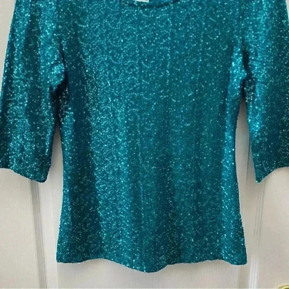 Reitman’s Sparkly Sequin Dressy Top  Scoop Neck 3/4 Bracelet Sleeve Teal XS NEW - Picture 9 of 16